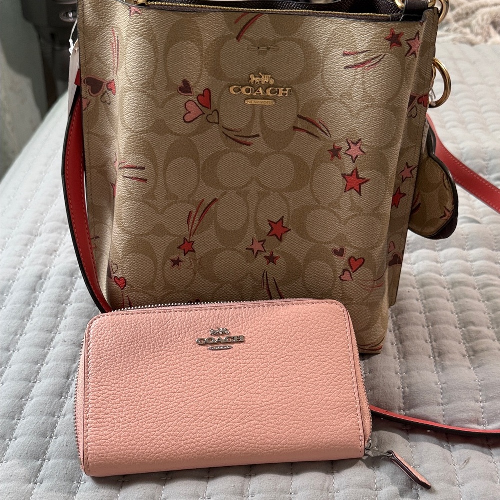 Coach Pink Zip Wallet with Tan Signature Shoulder Bag